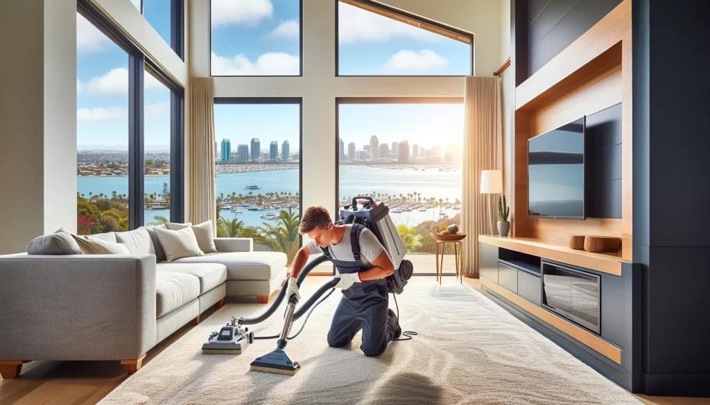 A professional carpet cleaner uses steam cleaning equipment in a modern San Diego home with large windows showing a sunny day and the San Diego skyline.
